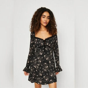 Free People  Tess Floral Black Viscose Long Sleeve Mini Dress size S